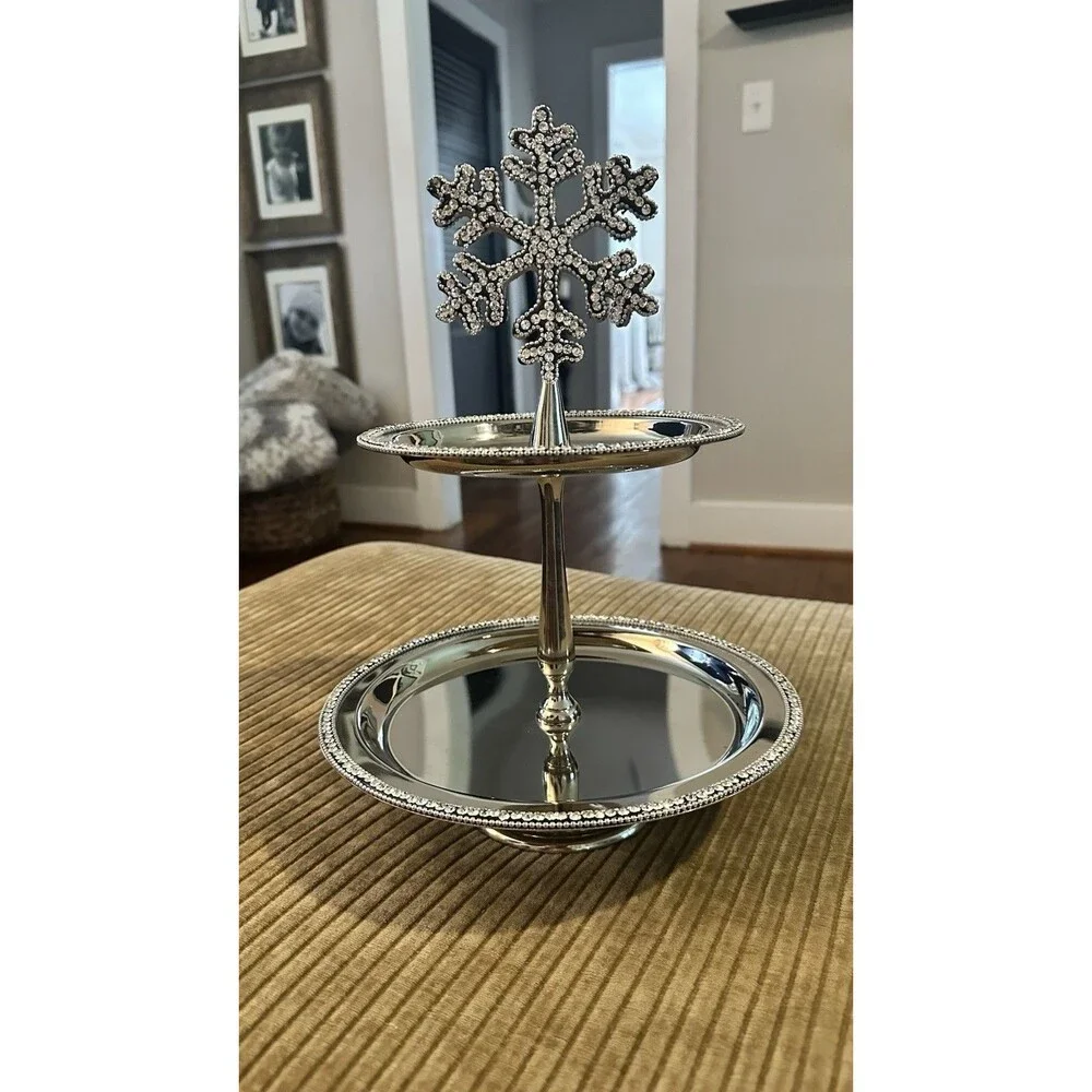 Silver Rhinestone Bling Snowflake 2 Tier Serving Dessert Appetizer Platter Tray